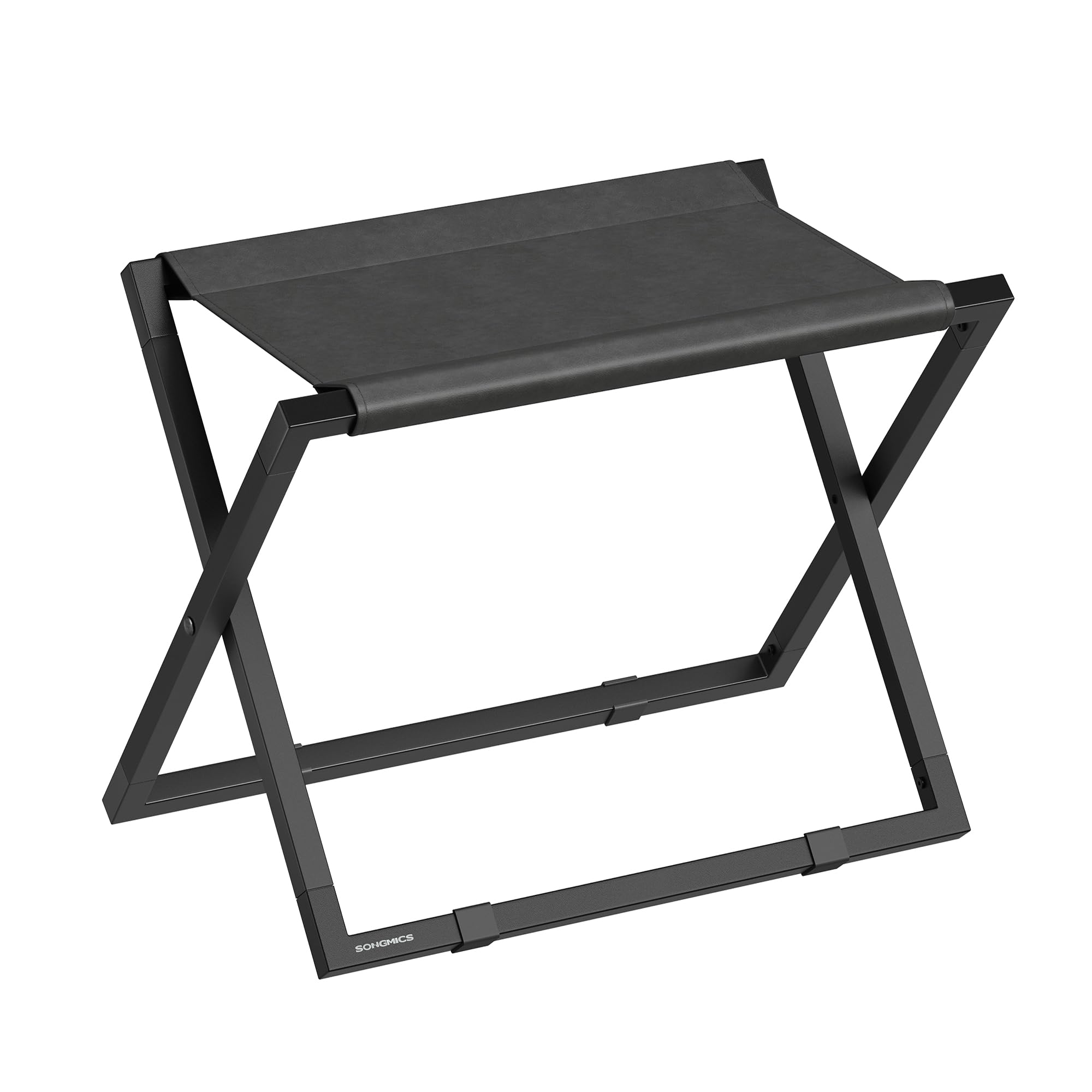 SONGMICS Luggage Rack, Foldable Suitcase Stand, Metal Luggage Holder, Synthetic Leather, Easy to Assemble, for Guest Room, Hotel, Bedroom, Ink Black and Charcoal Gray URLR009B01