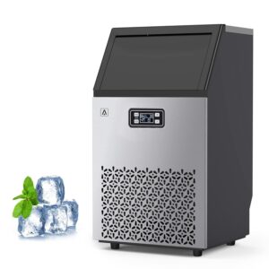 commercial ice maker machine, 150lbs/24h with 33 lbs storage bin, 66 pcs ice cubes 8mins, tap add water freestanding stainless steel ice machine self-cleaning for home bar office