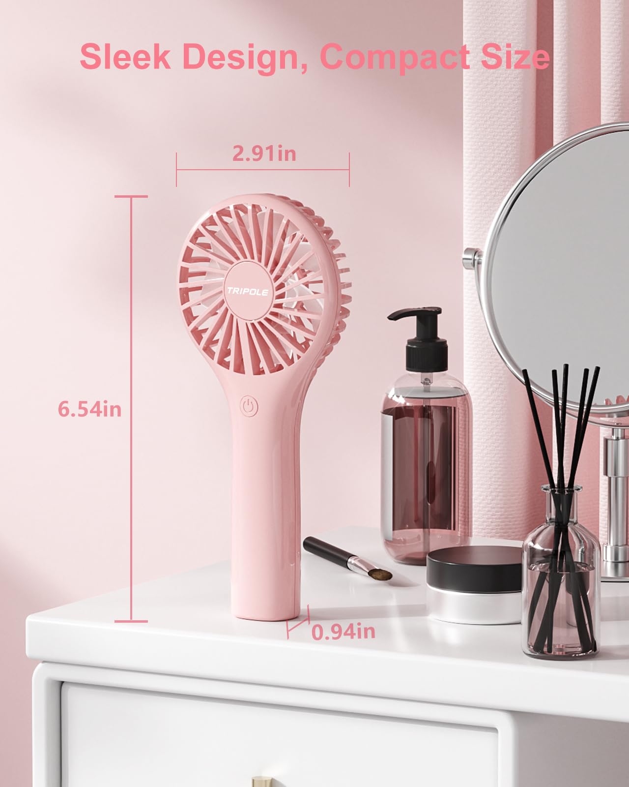 TriPole Portable Fan Handheld Fan Mini Personal Fan 3 Speeds, Powerful Little Battery Hand Held Fan for Travel Trip Outdoor Concerts, Cute Small Rechargeable Lash Fan for Makeup Skincare Drying, Pink