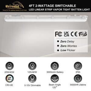 4FT LED Vapor Tight Emergency Light, Battery Backup IP65 IK08 20W/40W 125LM/W LED Vapor Proof Fixture, 5000K, 100-277V, 0-10V Dimmable 4 Foot Waterproof LED Outdoor Shop Light Fixture for Carport, FCC