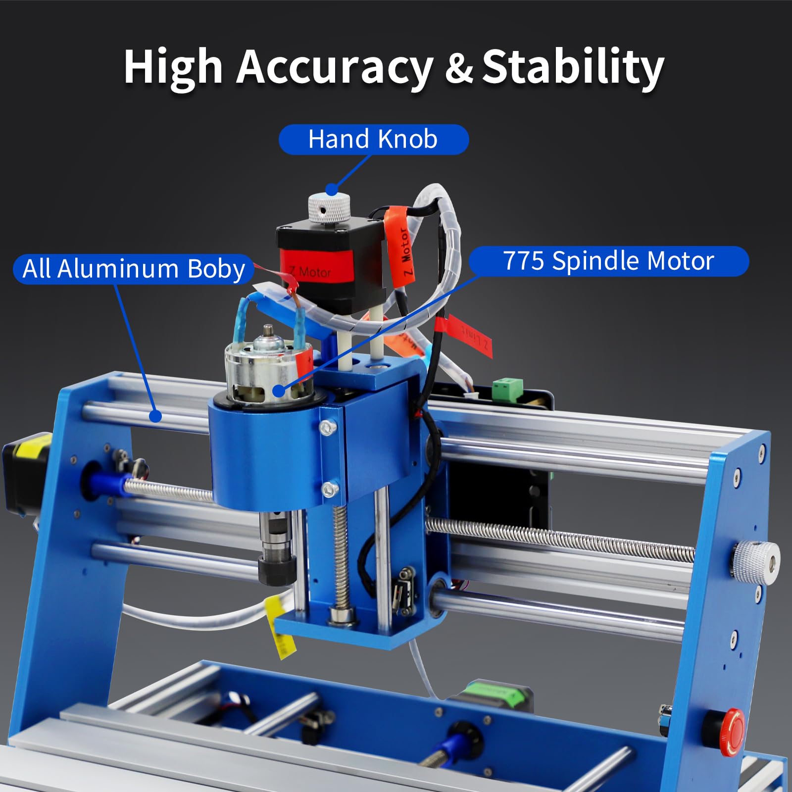 WolfPawn CNC Router Machine 3018 Blue All-Metal for Beginner with Emergency-Stop 3 Axis GRBL Control Engraving Machine Milling Carving for Wood Acrylic MDF PVC Plastic, 300X180X60mm (775Motor)