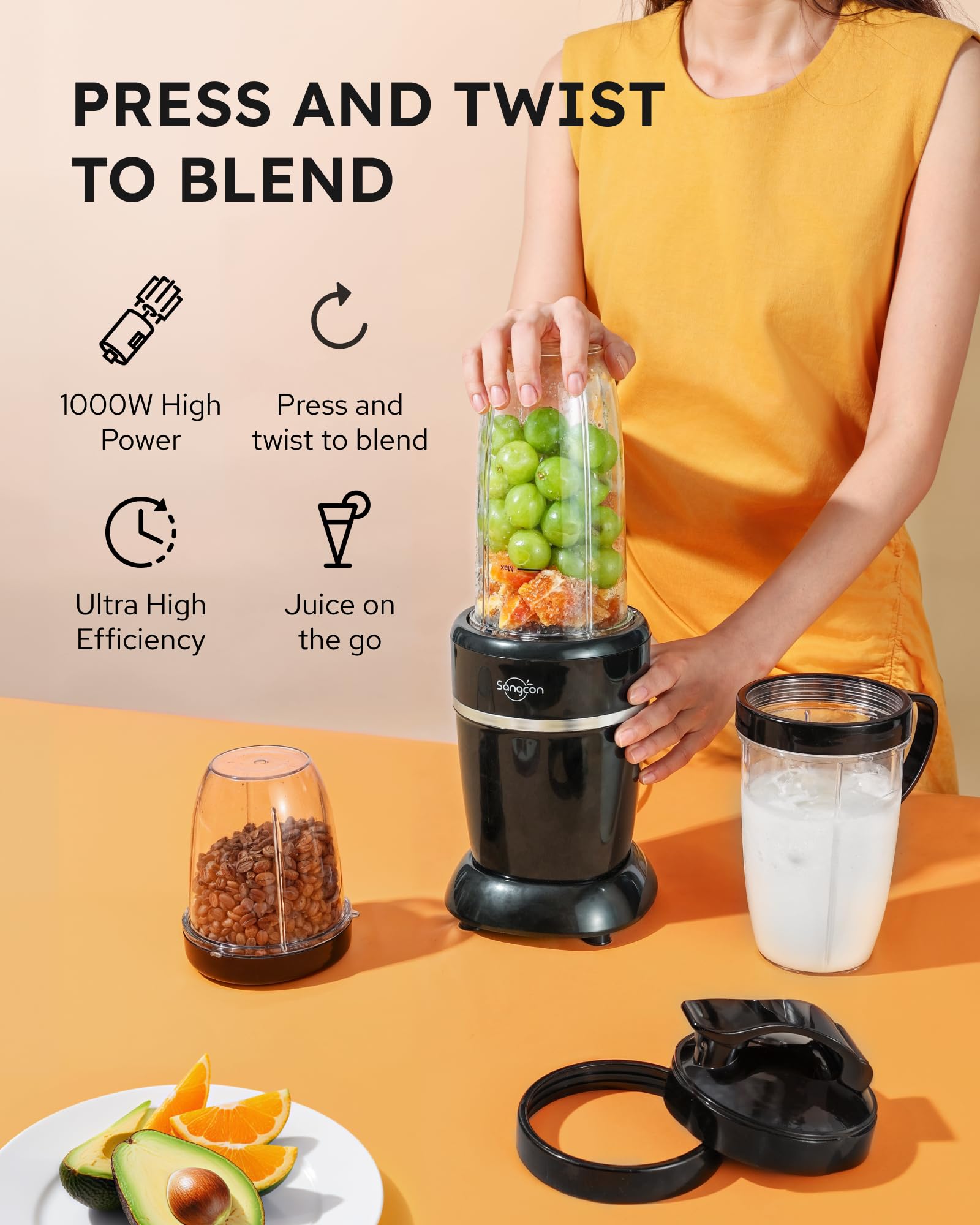 Sangcon 1000W Blender for Smoothies, Blender for Kitchen Smoothie Blender with (3) Cups (2) Spout-Lids (1) Storage-Lid (1) To-Go-Lid, Portable Personal Blender for Shakes Ice Crush Frozen Drink Spices