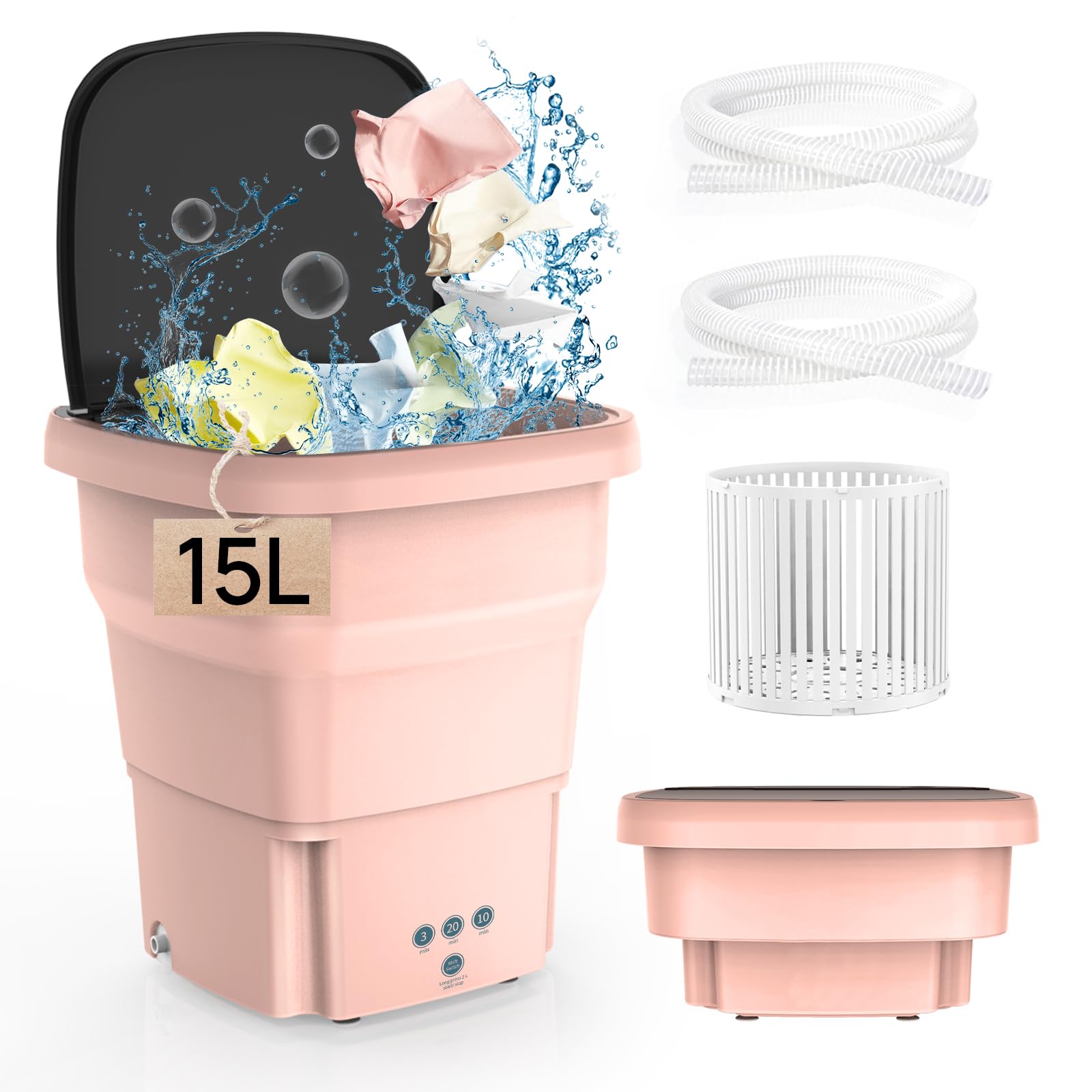 ZLDYPINK Portable Washing Machine,15L Mini Washer, Upgraded Motor Foldable Washer Machine Blue Light Cleaning Small Washer for Underwear, Baby Clothe, Apartment, RV, Travel, Camping (Pink)