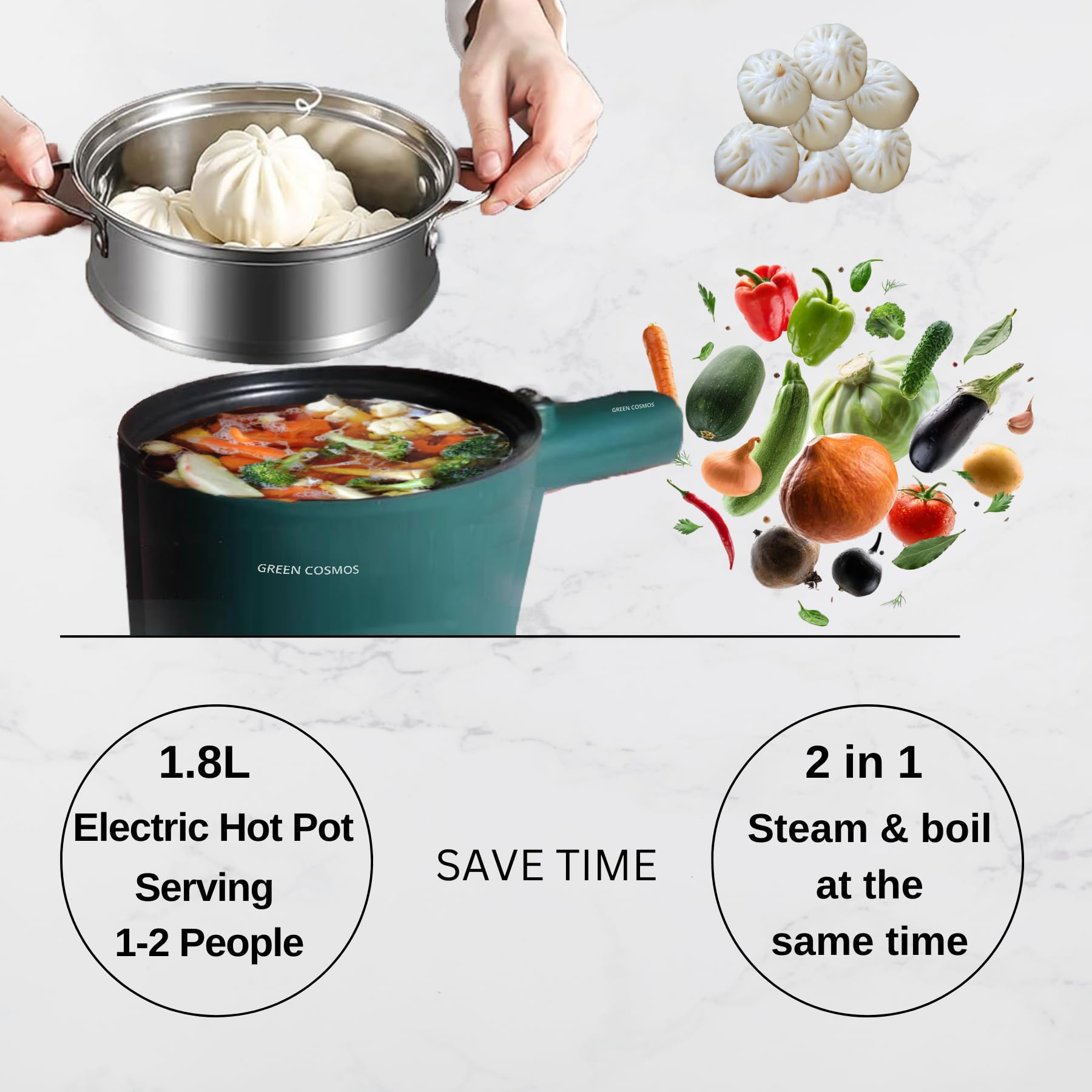 Green Hot Pot Electric with Steamer, Multi-function Cooker, 1.8L Noodle cooker Non-Stick Frying Pan, Electric Pot for Pasta with Adjustable Temprature Control, Over-Heating & Boil Dry Protection