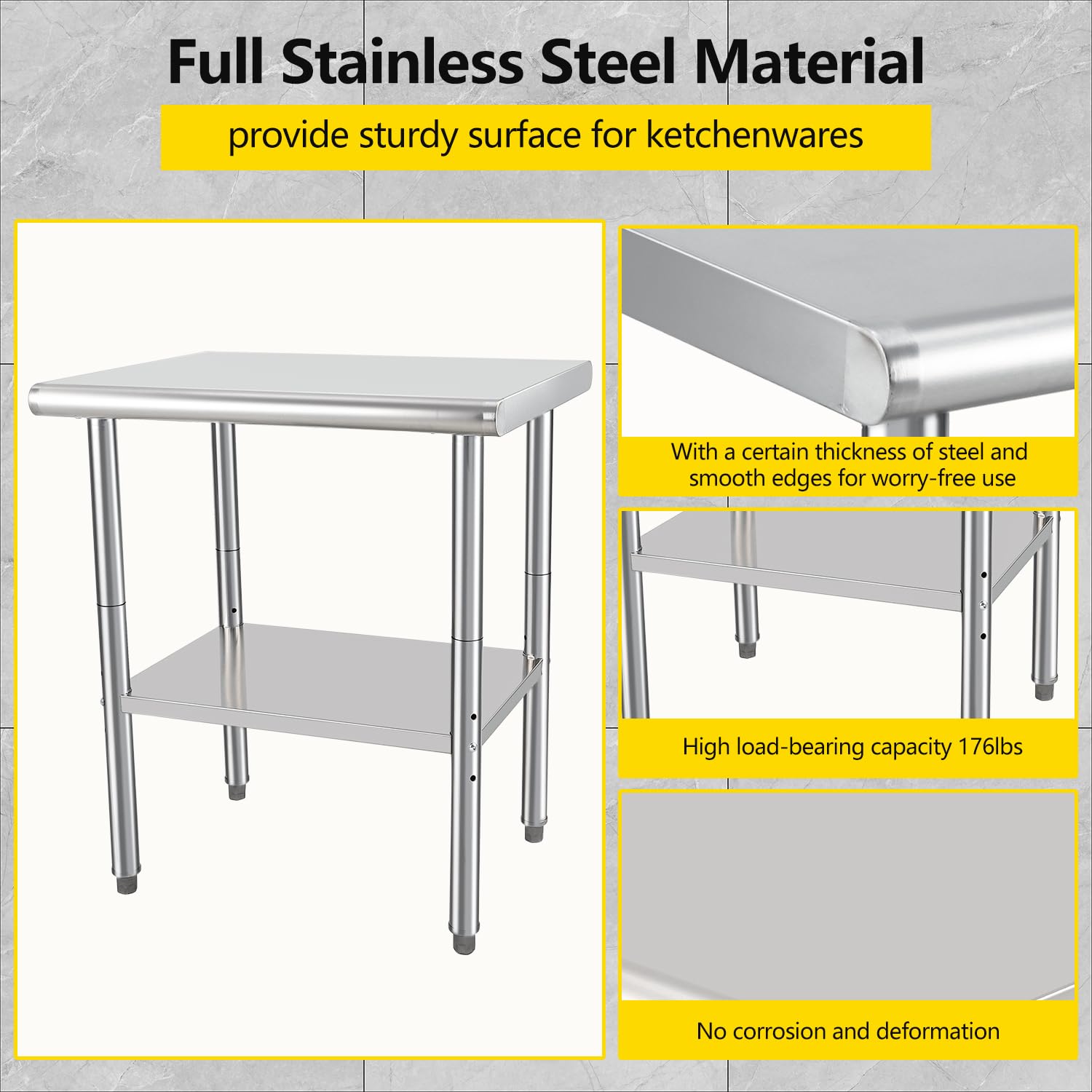 Stainless Steel Table for Prep & Work 24 x 30 Inches, Commercial Workstations Metal Kitchen Prep Table with Adjustable Undershelf for Restaurant, Home and Hotel