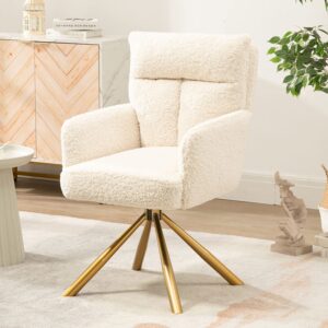 Ugijei Teddy Office Desk Chair No Wheels, Modern Vanity Chair with Gold Legs, Wide Seat Computer Task Chair for Home Office (Beige)