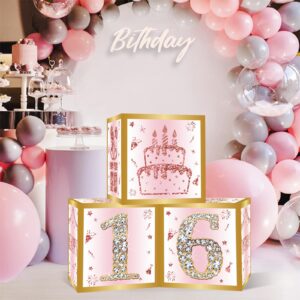 Sweet 16 Birthday Party Decorations Boxes for Girls - 3PCS Pink Rose Gold Happy 16th Birthday Balloons Boxes ,Sixteen Year Old Party Supplies for Girls