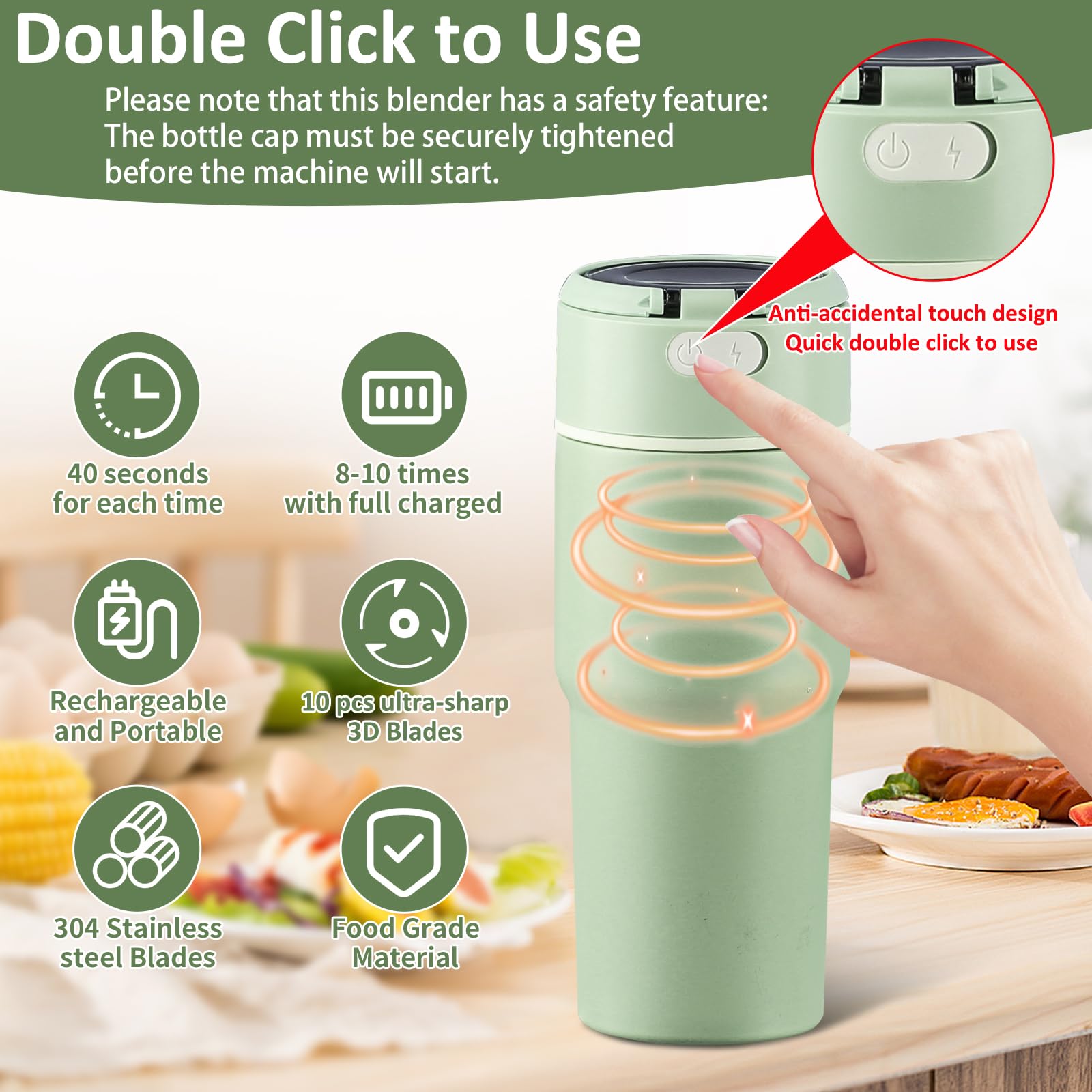 Portable Blender for Smoothies and Shakes,Personal Blender, 15 oz Vacuum Insulated Stainless Steel Keep Cold or Hot,BPA Free,USB Rechargeable,Travel Blender for Anywhere,Green（1 Pack)