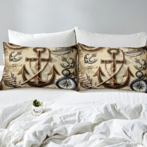 Erosebridal Anchor Bedding Set Queen Retro Nautical Comforter Cover Ocean Adventure Duvet Cover for Kids Adults Compass Sailboat Quilt Cover Brown Bedroom Decor Zipper