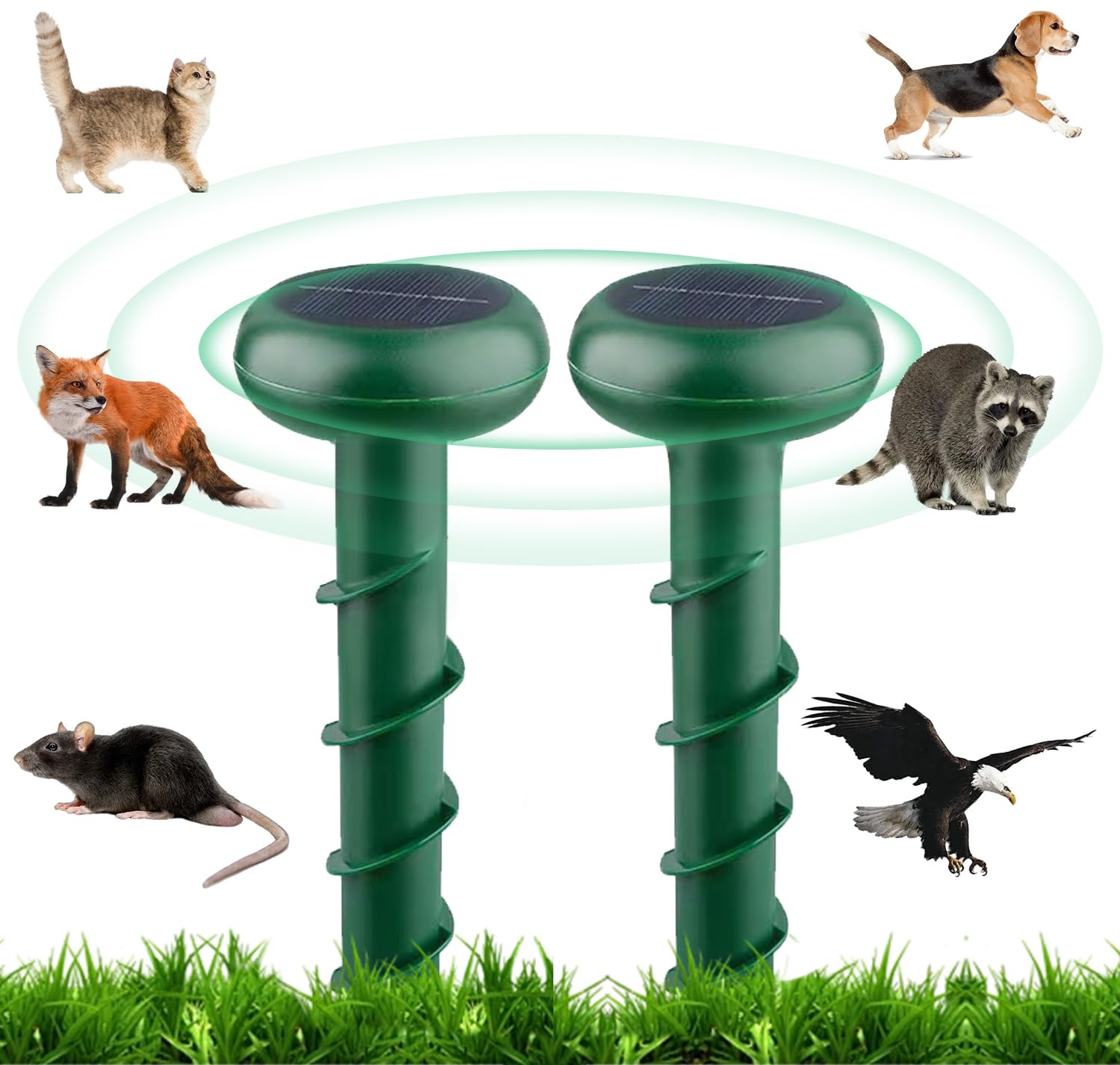 Solar-Energy Mouse Repellent 2P with Screw-Shape Stakes Outdoor, Ultrasonic Mole Repellent for Lawn, Yard, Farmland, Keep Voles, Chipmunks, Squirrels, Snakes, Armadillos, Groundhogs away