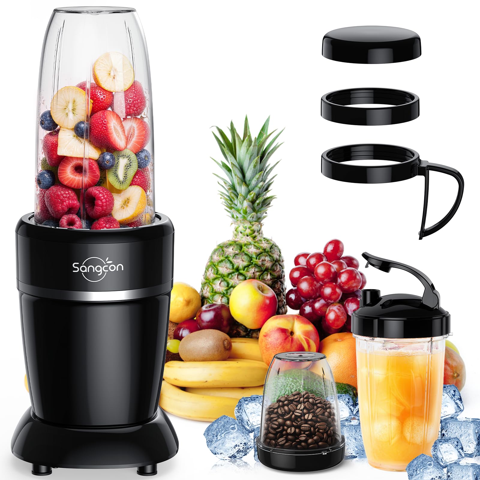 Sangcon 1000W Blender for Smoothies, Blender for Kitchen Smoothie Blender with (3) Cups (2) Spout-Lids (1) Storage-Lid (1) To-Go-Lid, Portable Personal Blender for Shakes Ice Crush Frozen Drink Spices