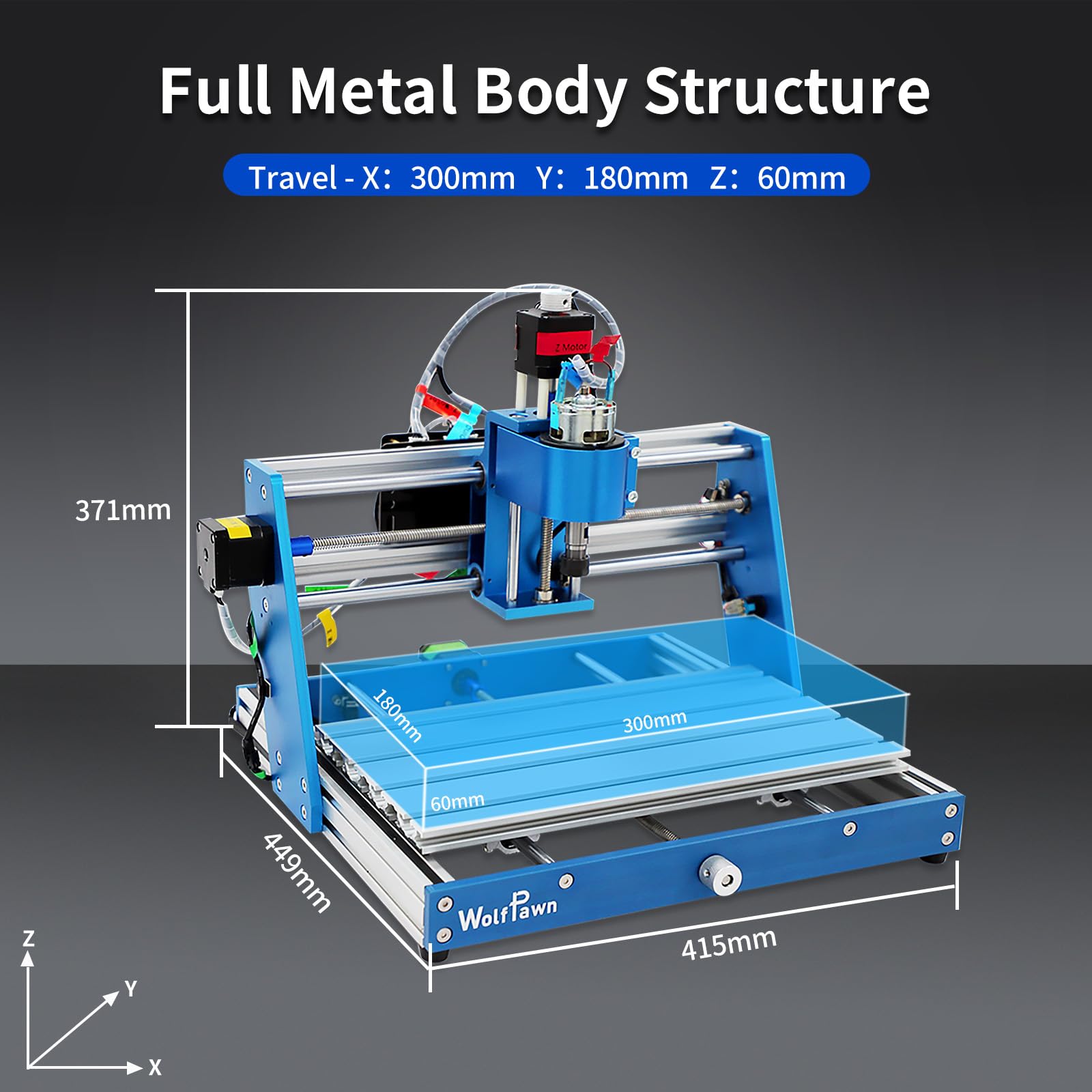 WolfPawn CNC Router Machine 3018 Blue All-Metal for Beginner with Emergency-Stop 3 Axis GRBL Control Engraving Machine Milling Carving for Wood Acrylic MDF PVC Plastic, 300X180X60mm (775Motor)