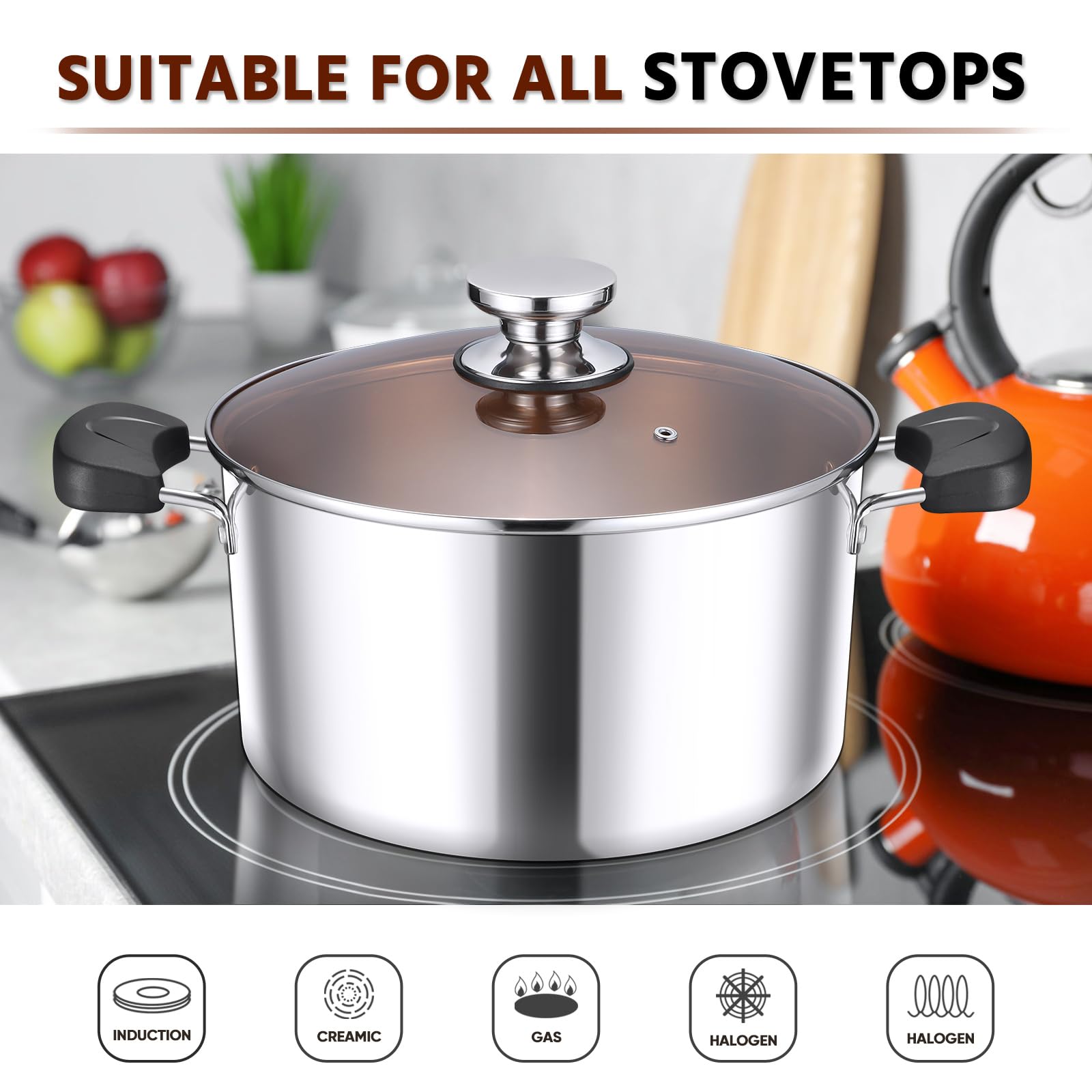 8-Qt Stock Pot, E-far 3-Ply Stainless Steel Stockpot with Lid for Cooking Simmering Soup Stew, Heavy Duty Cookware Works w/Induction, Non-toxic & Corrosion Resistant, Dishwasher Safe