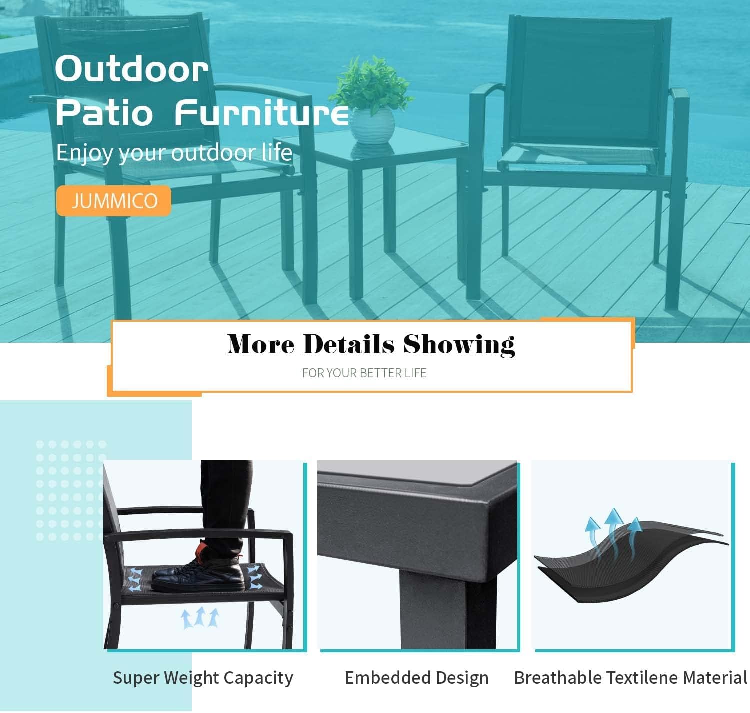 JUMMICO 3 Pieces Patio Furniture Set Outdoor Textilene Patio Chairs with Coffee Table Modern Patio Conversation Bistro Set for Lawn, Garden, Balcony, Poolside and Porch (Black)