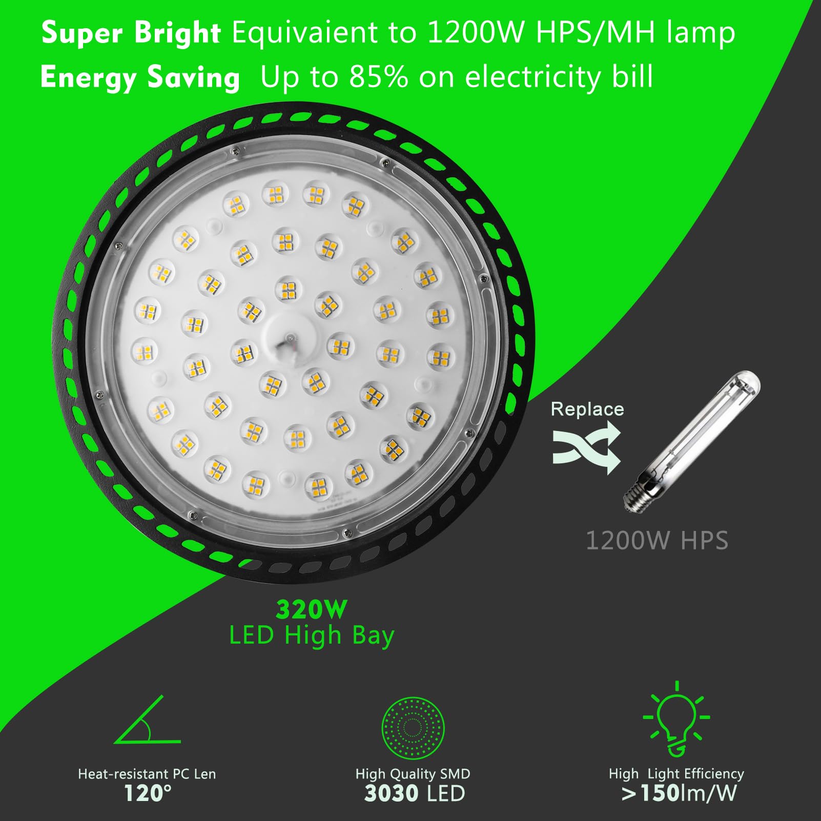 ANTLUX LED High Bay Light 320W 48000lm 5000K High Bay LED Shop Lights with US Plug Equiv.to 1200W MH/HPS High Bay LED Lights AC100-277V-6 Pack