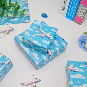 NARCSCHICHU Airplane Wrapping Paper Blue Design Gift Wrapping Paper with Plane Cloud Pattern for Baby Shower Boy Girl Birthday Wedding Holiday - 20 X 28 Inches Per Sheet