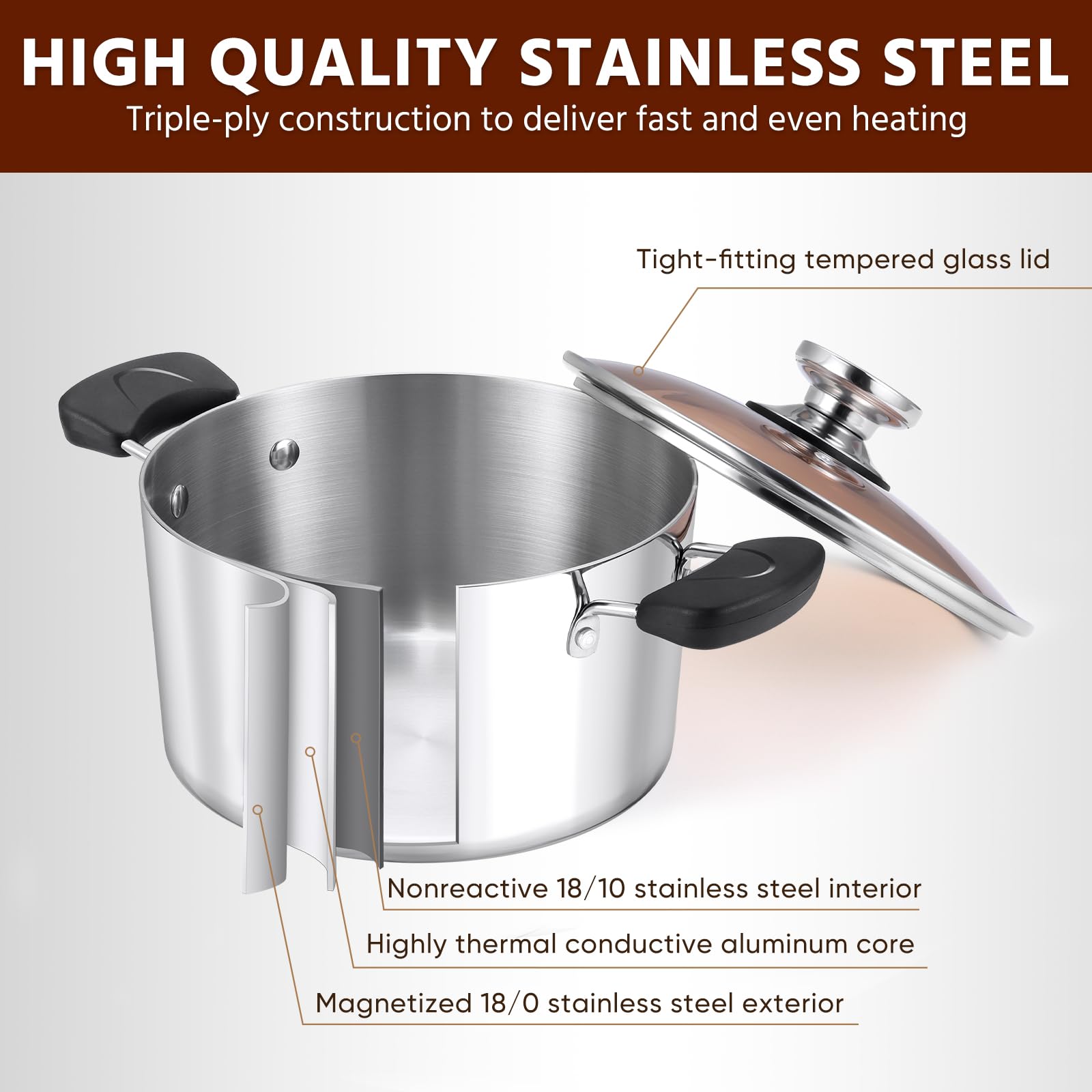 8-Qt Stock Pot, E-far 3-Ply Stainless Steel Stockpot with Lid for Cooking Simmering Soup Stew, Heavy Duty Cookware Works w/Induction, Non-toxic & Corrosion Resistant, Dishwasher Safe