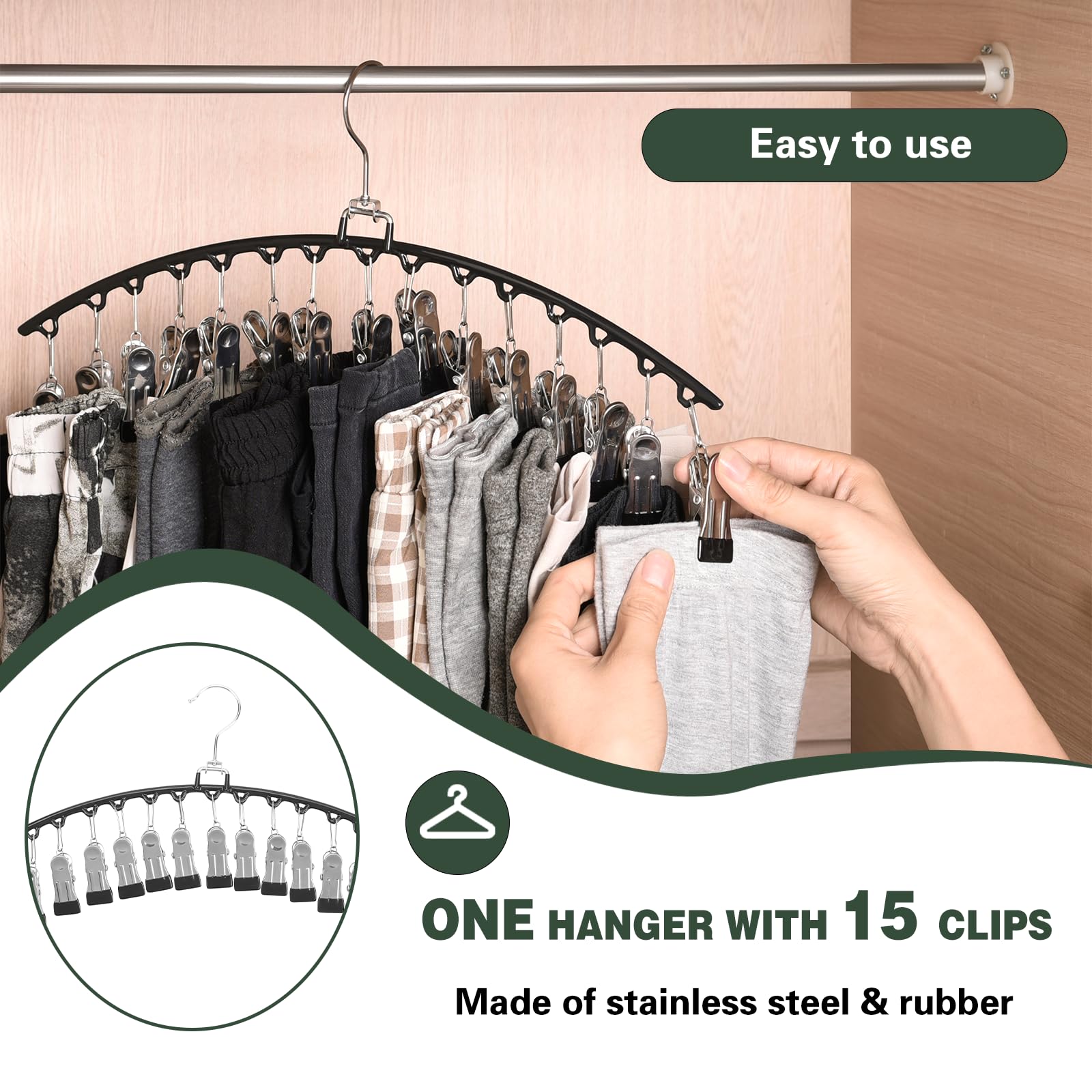 Aastin Leggings Organizer for Closet Hanging, 2 Pack Stainless Steel Pants Hangers with15 Non-Slip Clips Holds 30 Skirts, Shorts, Jeans, Space Saving Closet Organizers and Storage