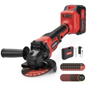 21v cordless power angle grinder tool, 9500rpm brushless 3-variable-speed electric metal grinder with 1x4000mah battery&battery indicator, cutting wheels, flap disc and auxiliary handle for metal/wood