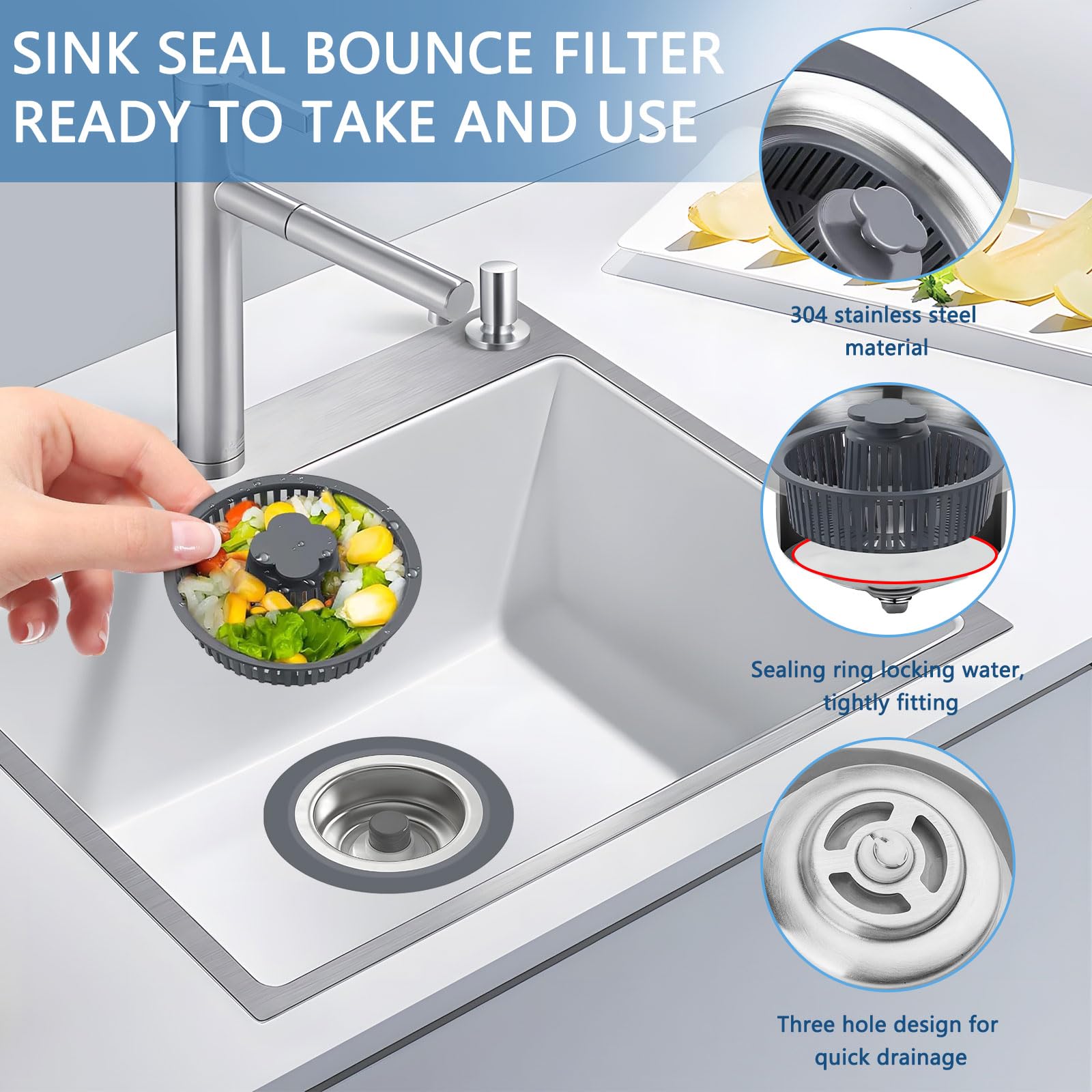 Kitchen Sink Drain Strainer, 3-in-1 304 Stainless Steel Sink Drain Stopper with Strainer Basket, Pop Up Anti-Clogging Odor Filter for 3-1/2 Inch Standard Kitchen Drain, 2 Pack