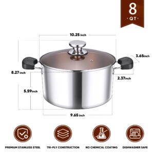 8-Qt Stock Pot, E-far 3-Ply Stainless Steel Stockpot with Lid for Cooking Simmering Soup Stew, Heavy Duty Cookware Works w/Induction, Non-toxic & Corrosion Resistant, Dishwasher Safe