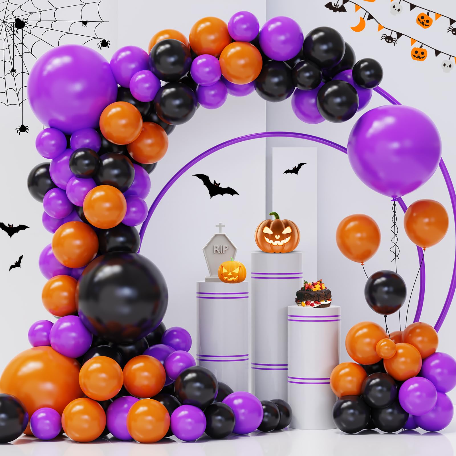 Myafqsj Halloween Balloons Black and Orange Balloons Arch Kit, 138 Pcs Matte Black Purple Orange Latex Balloons Garland for Halloween Anniversary Graduation Festival