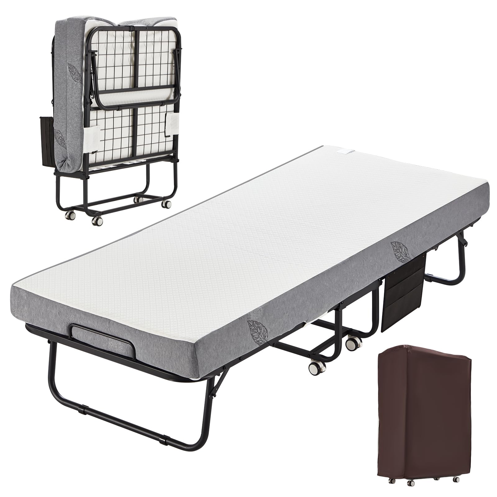 MELLCOM Folding Bed with Mattress,Portable Rollaway Guest Bed for Adults with 5 Inch Foam Mattress,Single Cot Size Foldable Bed with Metal Frame&Bed Side Pocket,75” x 31”