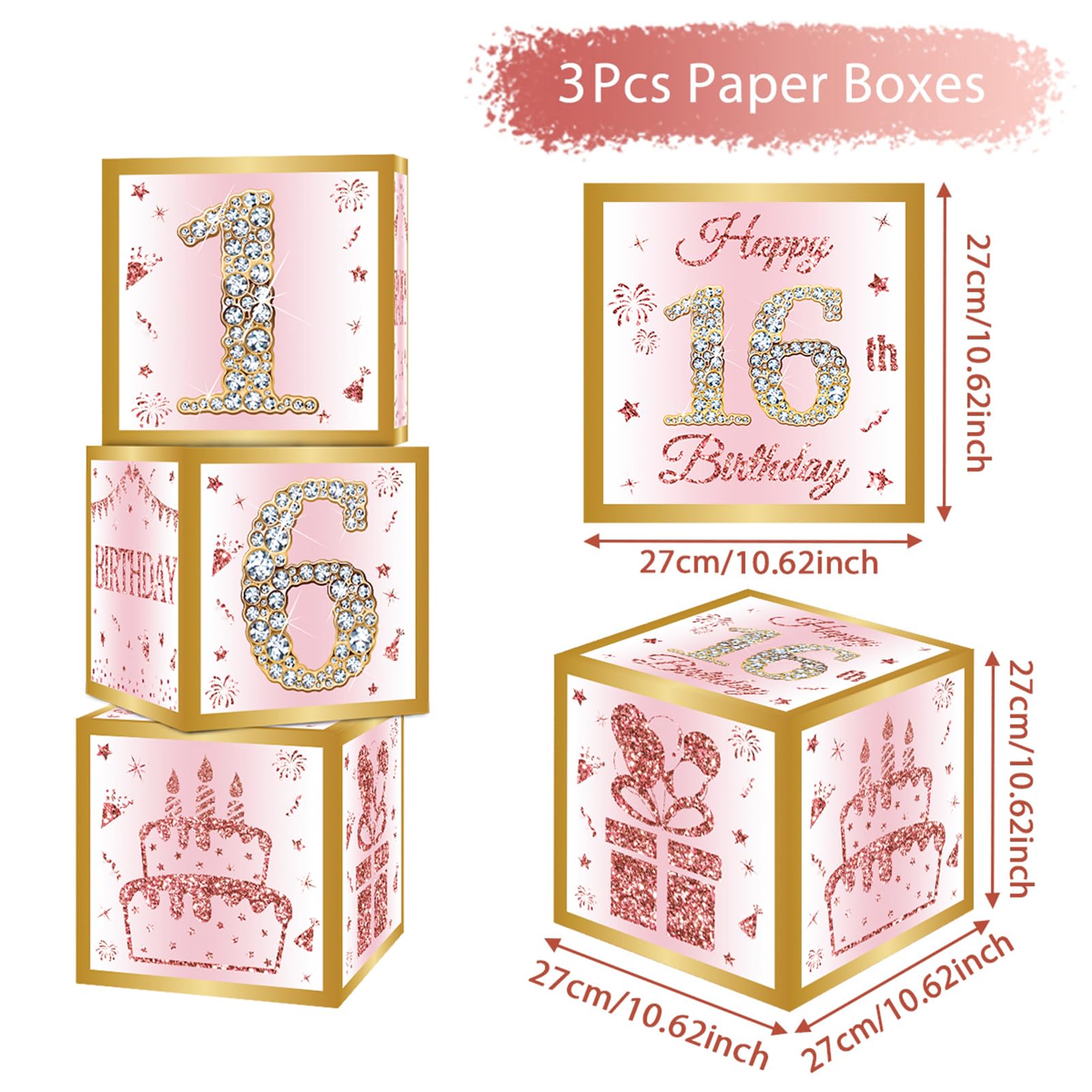 Sweet 16 Birthday Party Decorations Boxes for Girls - 3PCS Pink Rose Gold Happy 16th Birthday Balloons Boxes ,Sixteen Year Old Party Supplies for Girls