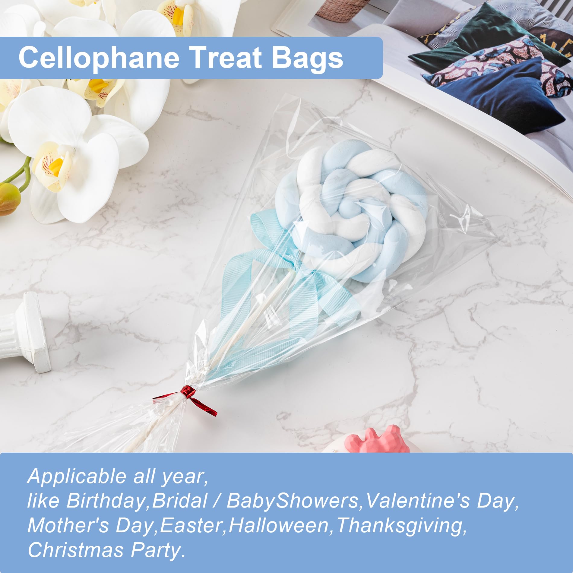 Aegero Cello Cellophane Treat Bags, 200 Pcs 4x6 Inches Clear Cellophane Bags with 200 Twist Ties for Gift Wrapping,Packaging Candies,Dessert,Bakery,Party Favors