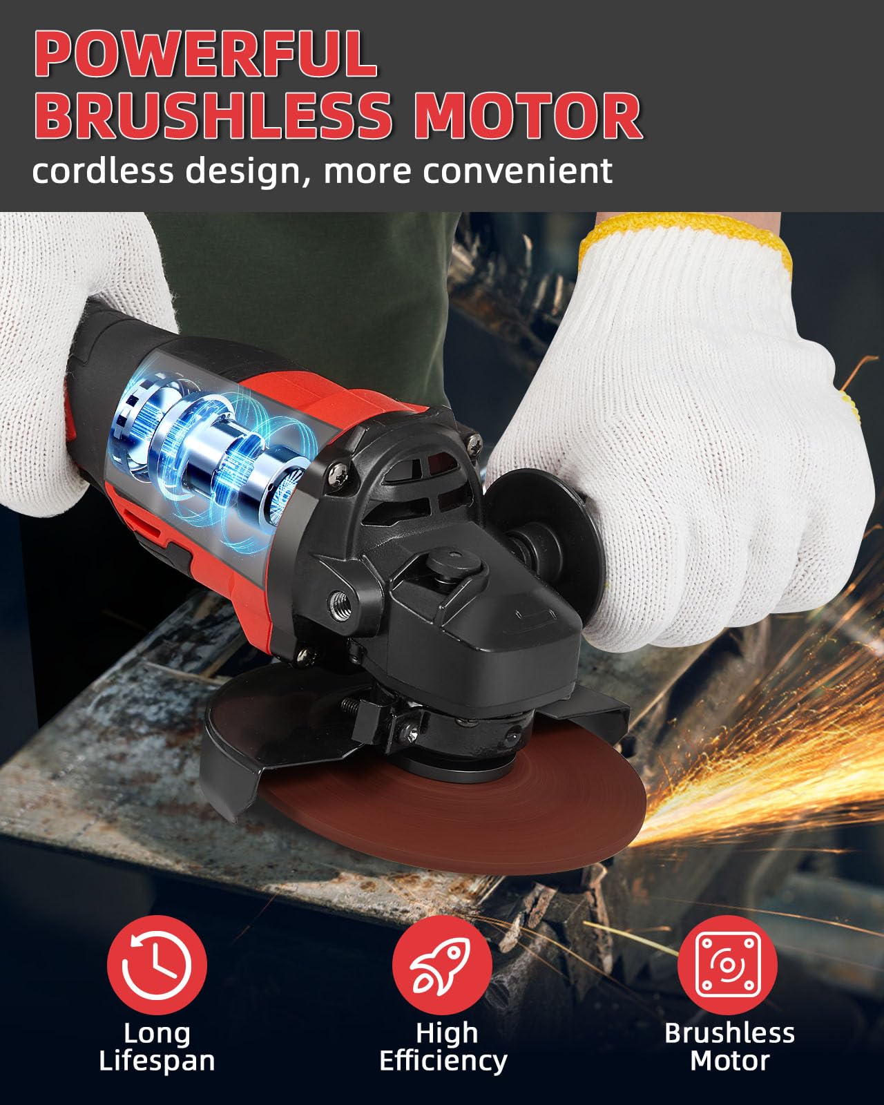 21v Cordless Power Angle Grinder Tool, 9500RPM Brushless 3-Variable-Speed Electric Metal Grinder with 1x4000mAH Battery&Battery Indicator, Cutting Wheels, Flap Disc and Auxiliary Handle for Metal/Wood