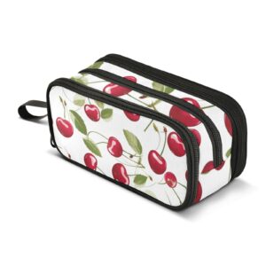 cherry white pencil case for boys girls, large capacity pen bag 3 compartment pencil pouch students stationery organizer marker case for school office work