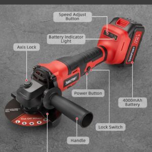 21v Cordless Power Angle Grinder Tool, 9500RPM Brushless 3-Variable-Speed Electric Metal Grinder with 1x4000mAH Battery&Battery Indicator, Cutting Wheels, Flap Disc and Auxiliary Handle for Metal/Wood