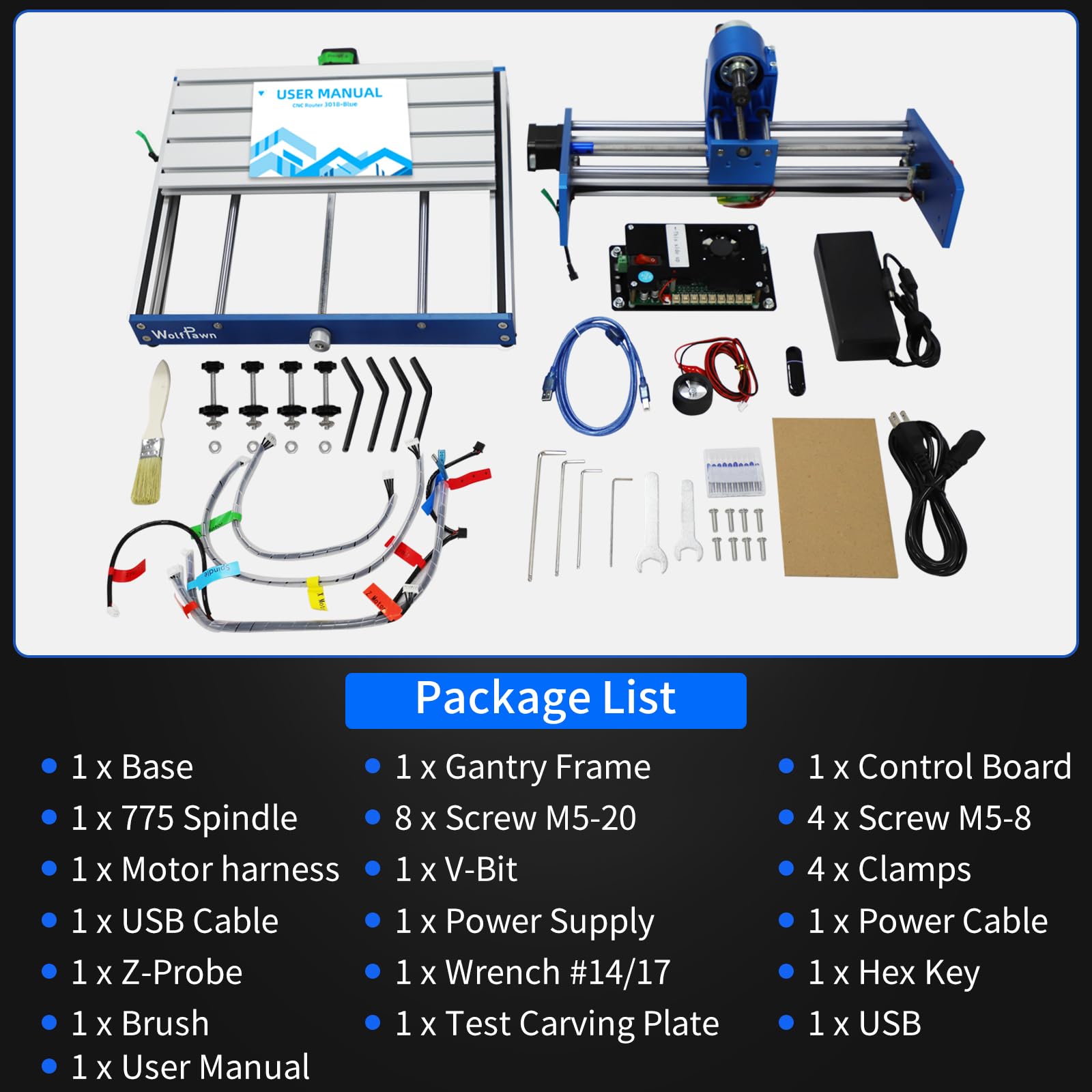 WolfPawn CNC Router Machine 3018 Blue All-Metal for Beginner with Emergency-Stop 3 Axis GRBL Control Engraving Machine Milling Carving for Wood Acrylic MDF PVC Plastic, 300X180X60mm (775Motor)