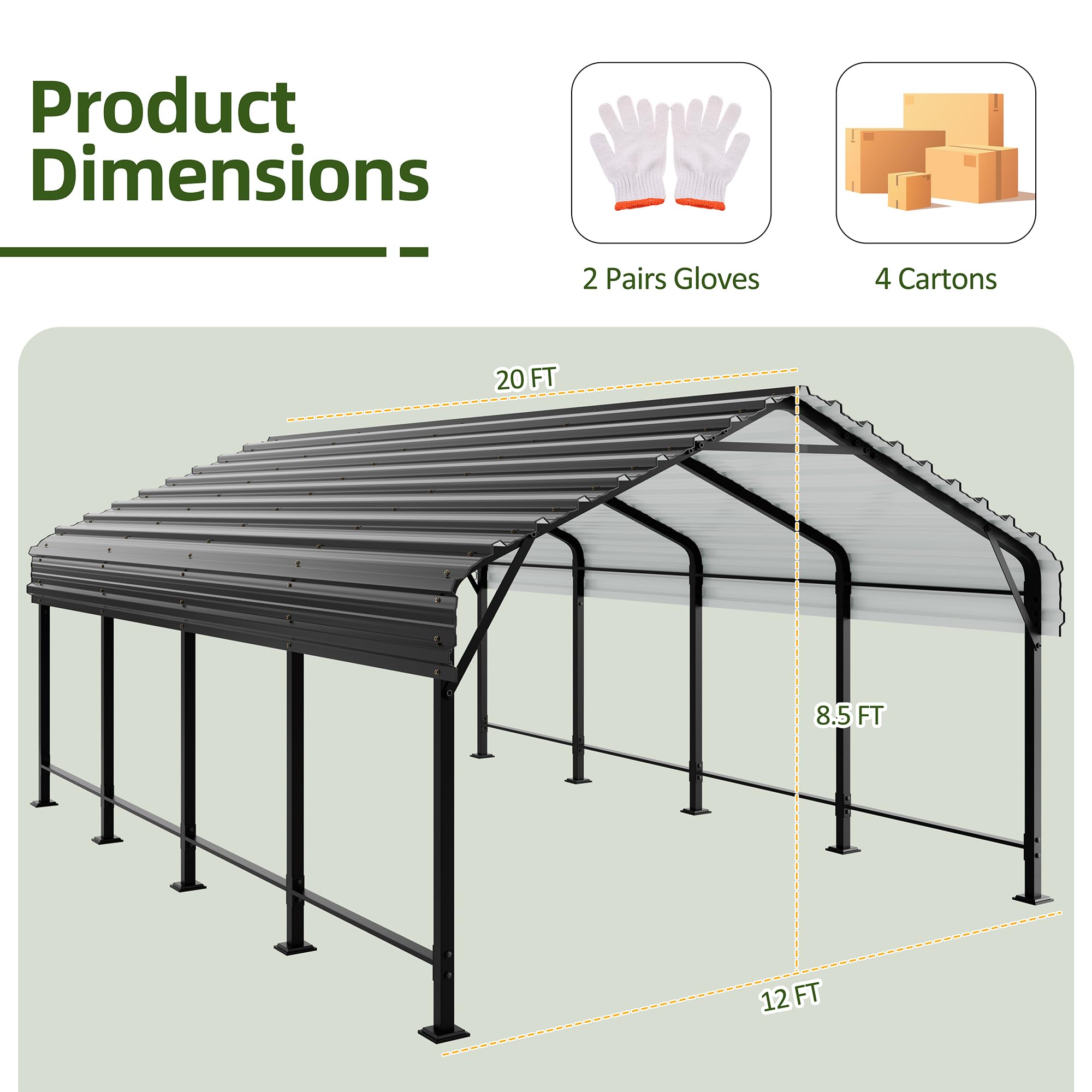 JAMFLY 12X20 FT Carport, Heavy Duty Carport Canopy with Galvanized Steel Roof and Frame, Metal Carport Upgraded Extra Large Garage for Pickup, Boat, Car and Tractors