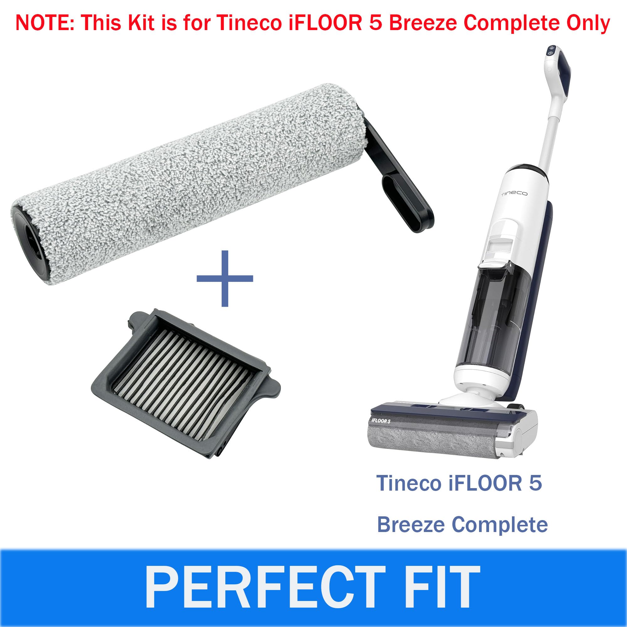 Brush Rollers and Filters Replacement Compatible with Tineco iFLOOR 5 Breeze Complete Vacuum Cleaner- 2 Brush Rollers + 2 Vacuum Filters + 1 Cleaning Tool