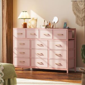 Casaottima Dresser for Bedroom with Charging Station, 57" Long Dresser with 13 Storage Drawers, Large Fabric Dressers Chests of Drawers with Shelves, Pink