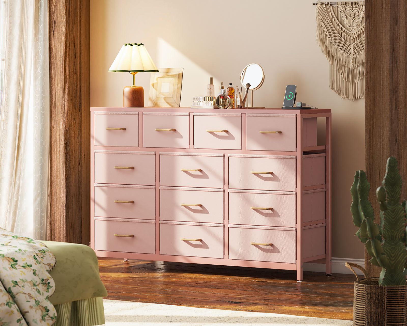 Casaottima Dresser for Bedroom with Charging Station, 57" Long Dresser with 13 Storage Drawers, Large Fabric Dressers Chests of Drawers with Shelves, Pink