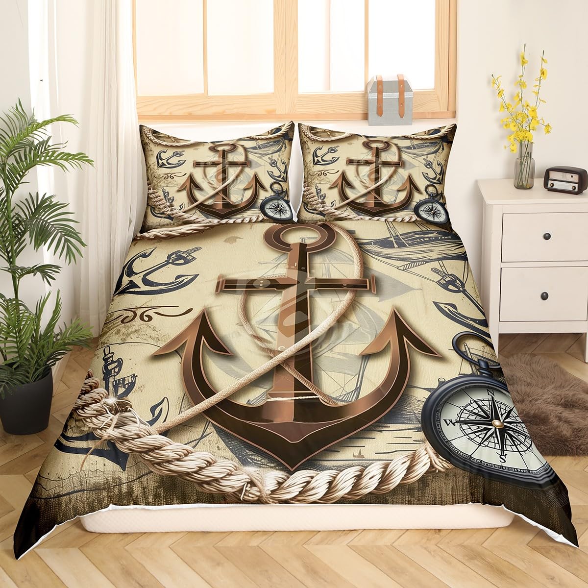 Erosebridal Anchor Bedding Set Queen Retro Nautical Comforter Cover Ocean Adventure Duvet Cover for Kids Adults Compass Sailboat Quilt Cover Brown Bedroom Decor Zipper