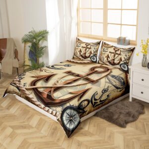 Erosebridal Anchor Bedding Set Queen Retro Nautical Comforter Cover Ocean Adventure Duvet Cover for Kids Adults Compass Sailboat Quilt Cover Brown Bedroom Decor Zipper