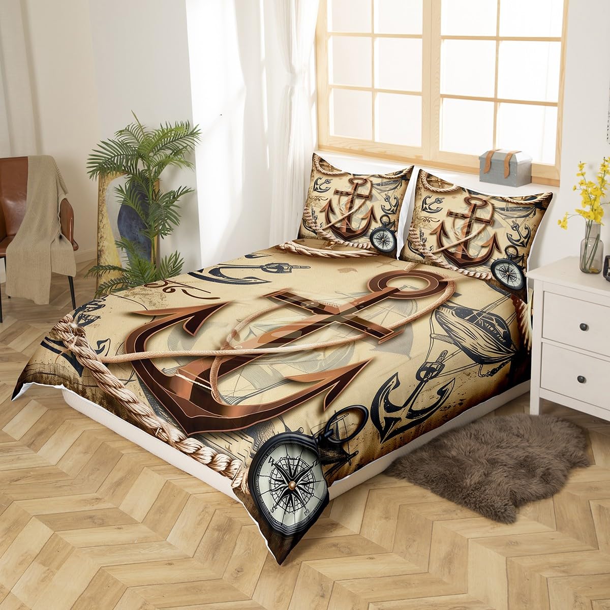 Erosebridal Anchor Bedding Set Queen Retro Nautical Comforter Cover Ocean Adventure Duvet Cover for Kids Adults Compass Sailboat Quilt Cover Brown Bedroom Decor Zipper