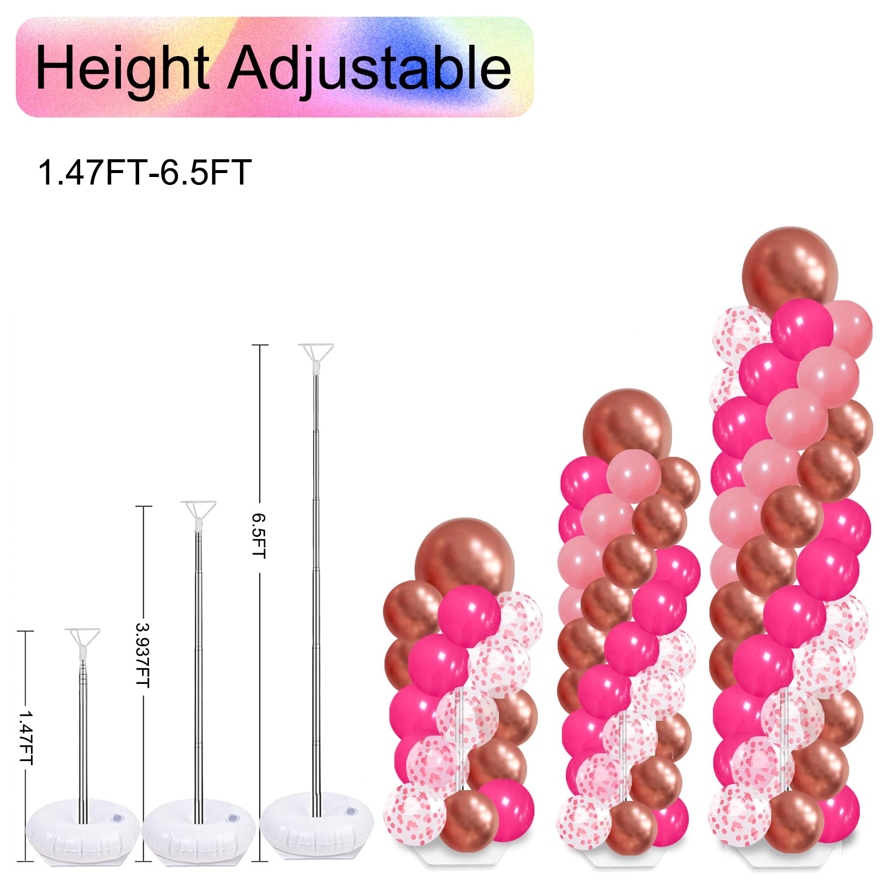 2 Sets Balloon Column Stand Kit with 100 Balloons 6 Ft Adjustable Balloon Stands Kit for Floor Metallic Rose Red Balloon Arch Column for Wedding Bridal Shower Valentine's Day Decorations