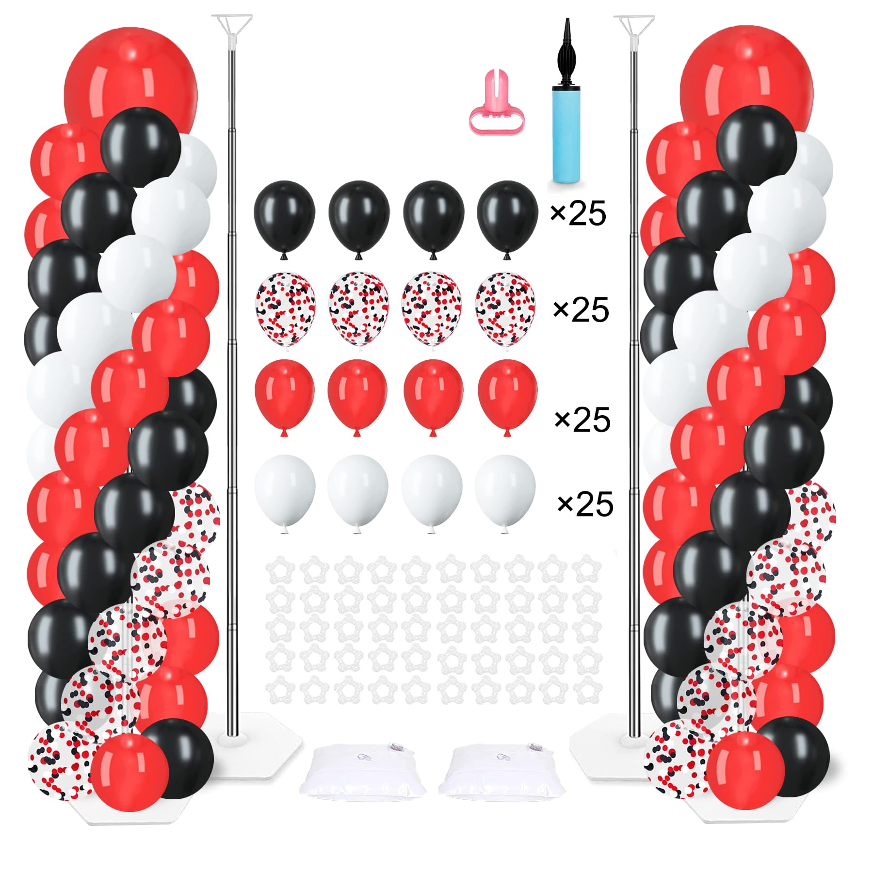 2 Sets Balloon Column Stand Kit with 100 Balloons 6 Ft Adjustable Balloon Stands Kit for Floor Red Black White Balloons Arch Column for Shower Birthday Graduation Racing Car Poker Card Decorations