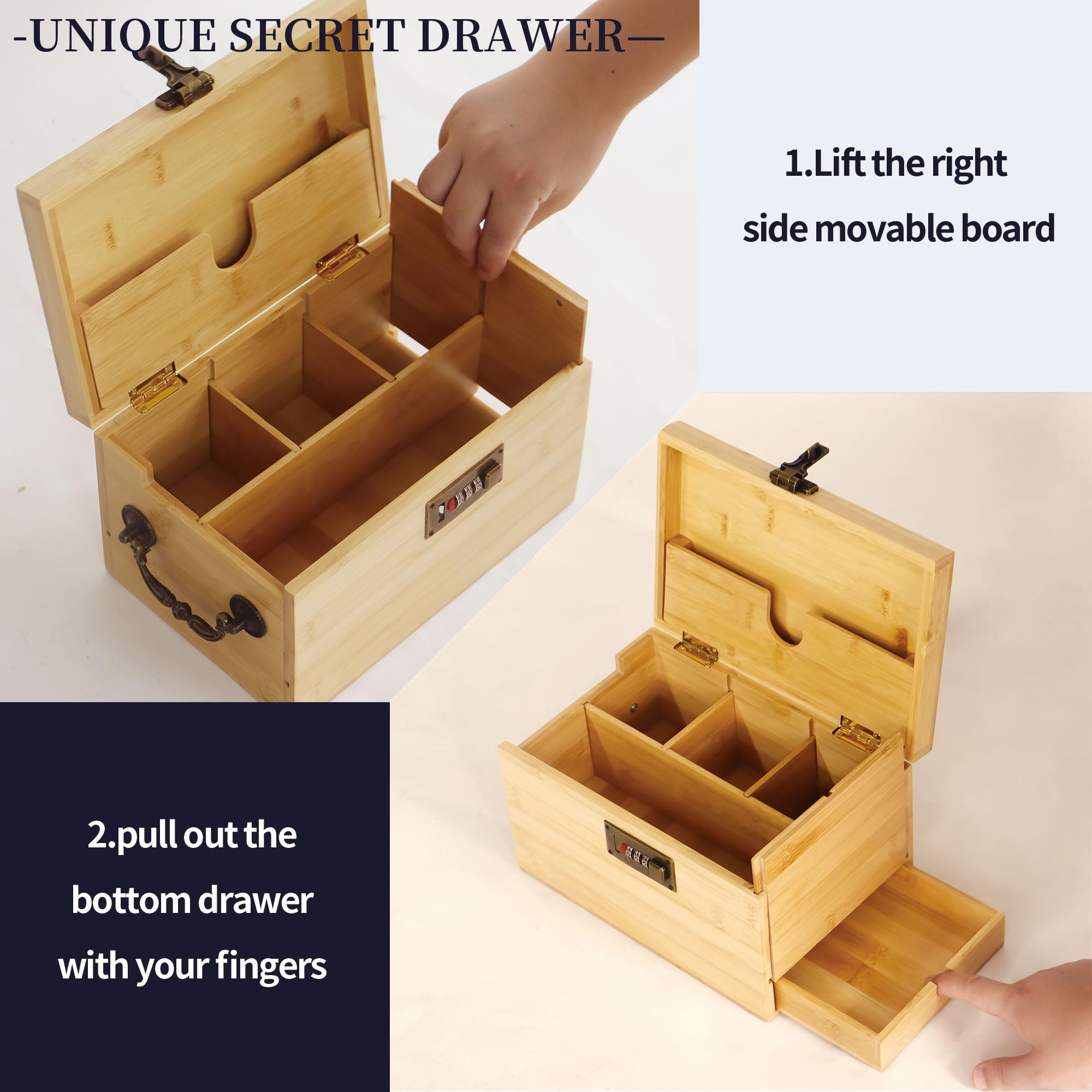 Premium Large Bamboo Box with Combination Lock & Hidden Drawer, Secret Storage Stash Box,Upgraded with Handle, 5 Smell Proof Bags, 3 Glass Jars, 3 Tube, Brush, Grinder Card, Cone Funnel Rolling Kit