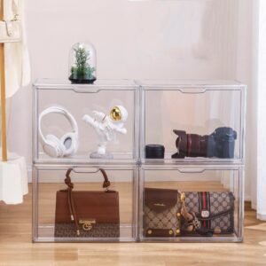 ZLLZUU Purse Organizer for Closet, 5 Pack Clear Acrylic Display Case for purse handbag Organizer, Stackable Purse Storage boxes with magnetic door for Collectibles, Wallet, Cosmetic