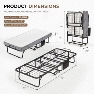 MELLCOM Folding Bed with Mattress,Portable Rollaway Guest Bed for Adults with 5 Inch Foam Mattress,Single Cot Size Foldable Bed with Metal Frame&Bed Side Pocket,75” x 31”