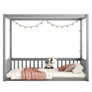 LostCat Full Size Canopy Floor Bed Frame with Fence, Wood Montessori Floor Bed for Teens and Adults, Easy Assembly, No Box Spring Needed,Grey