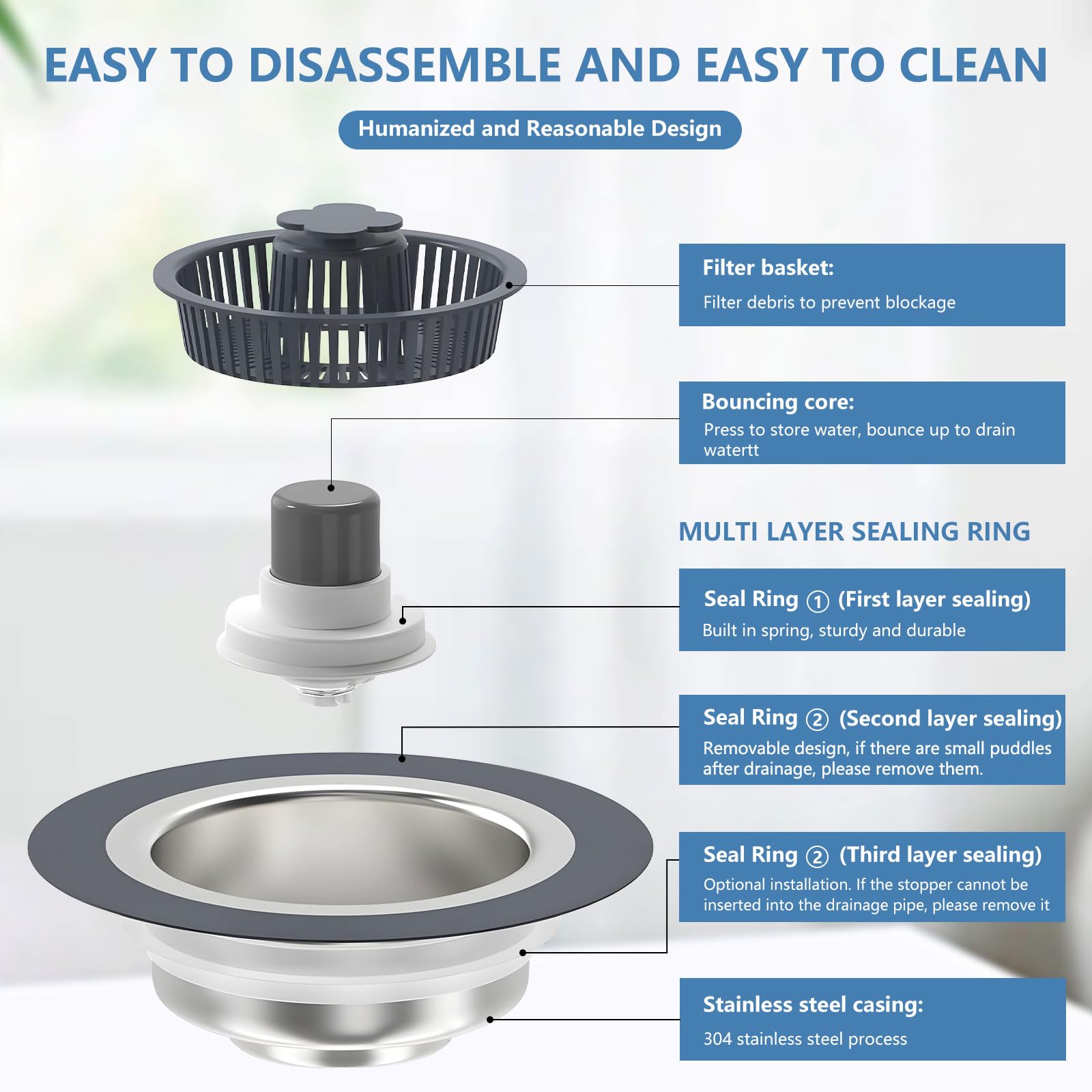 Kitchen Sink Drain Strainer, 3-in-1 304 Stainless Steel Sink Drain Stopper with Strainer Basket, Pop Up Anti-Clogging Odor Filter for 3-1/2 Inch Standard Kitchen Drain, 2 Pack