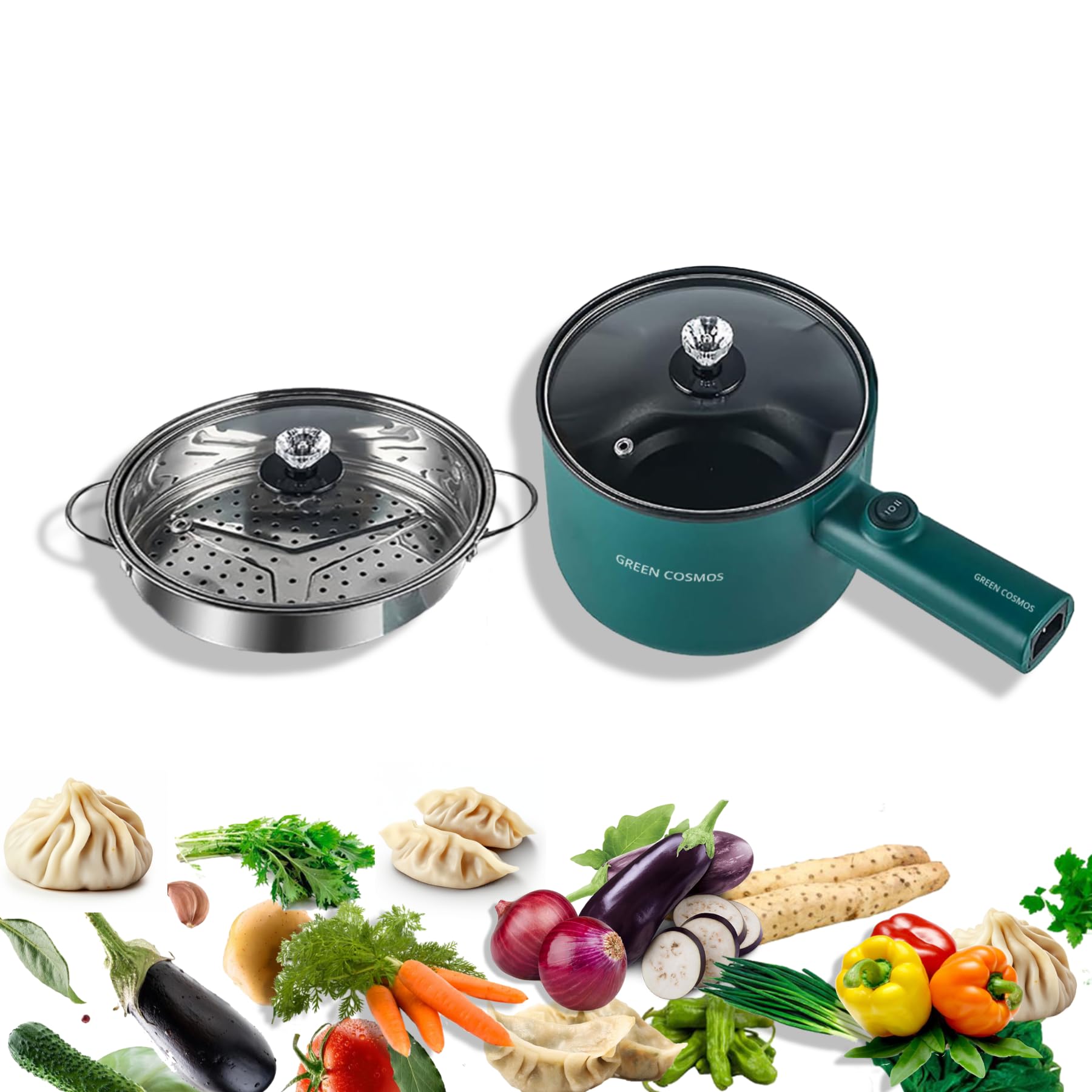 Green Hot Pot Electric with Steamer, Multi-function Cooker, 1.8L Noodle cooker Non-Stick Frying Pan, Electric Pot for Pasta with Adjustable Temprature Control, Over-Heating & Boil Dry Protection