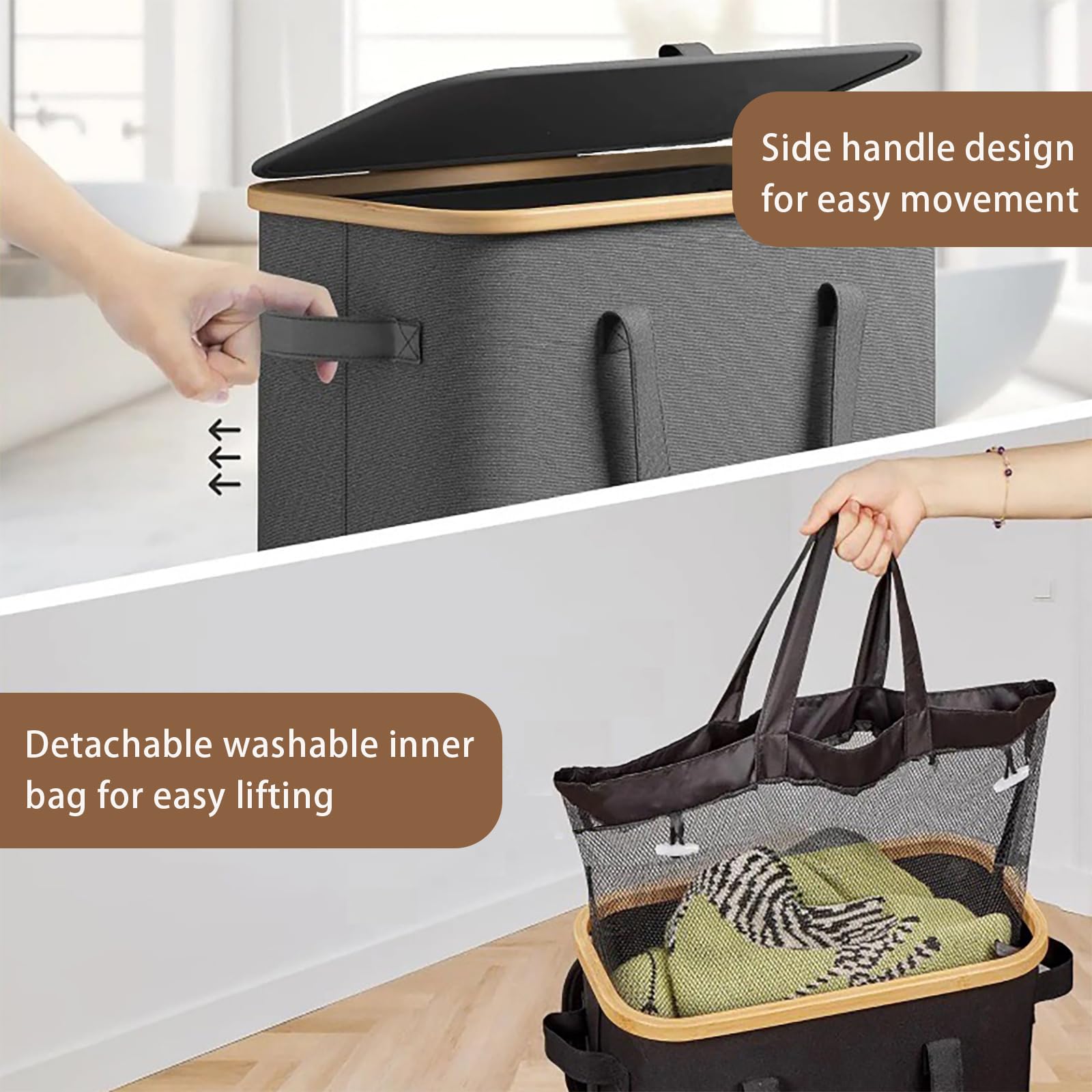 Large Laundry Basket with Wheels,100L Tall Laundry Hamper with Lid and Removable Liner Bag,Collapsible Dirty Clothes Hamper for Bathroom,Bedroom,Dorm & Laundry Room,Black