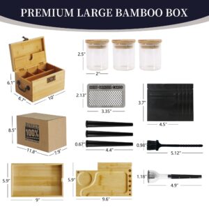 Premium Large Bamboo Box with Combination Lock & Hidden Drawer, Secret Storage Stash Box,Upgraded with Handle, 5 Smell Proof Bags, 3 Glass Jars, 3 Tube, Brush, Grinder Card, Cone Funnel Rolling Kit